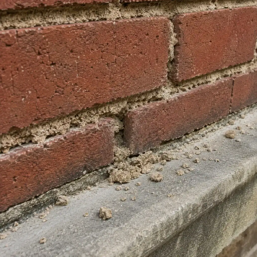 Sandy and crumbling mortar joints on an older brick wall