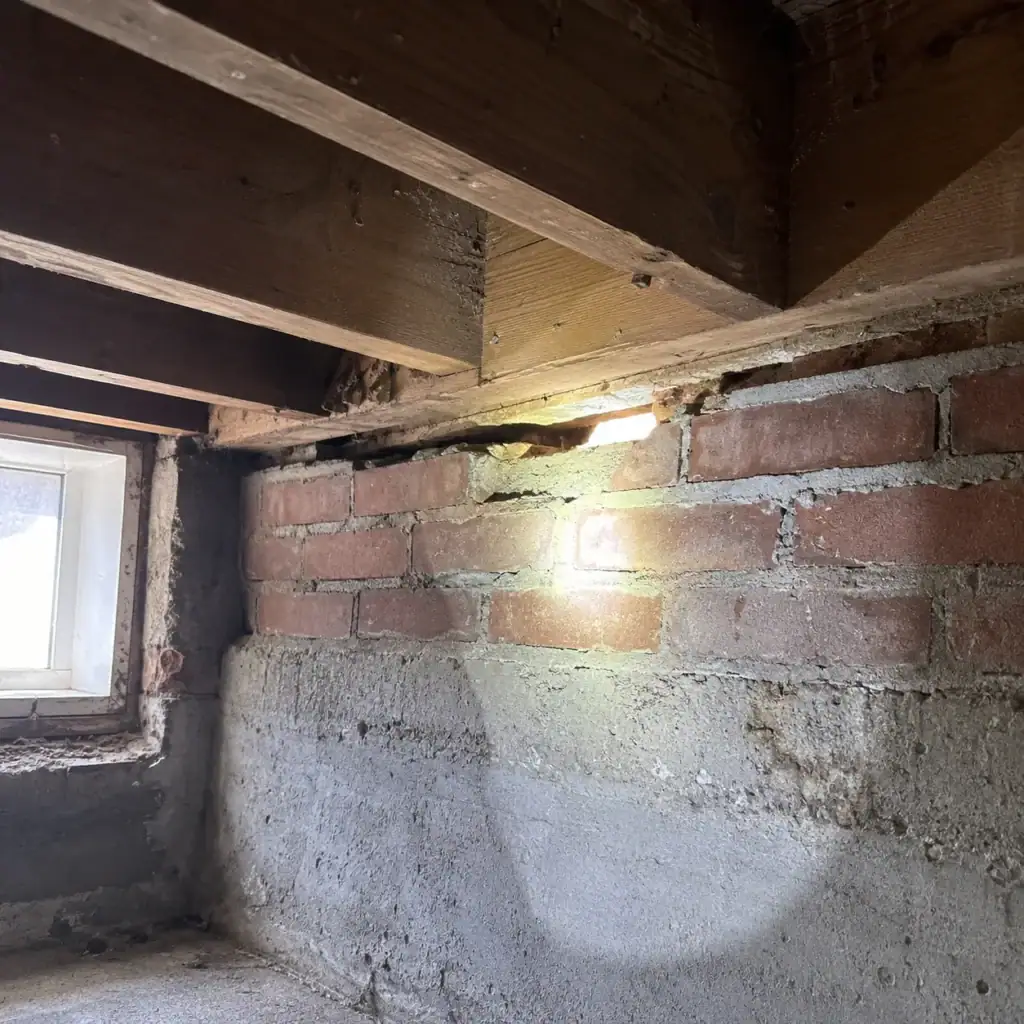 Air leak area where wood framing meets a masonry foundation