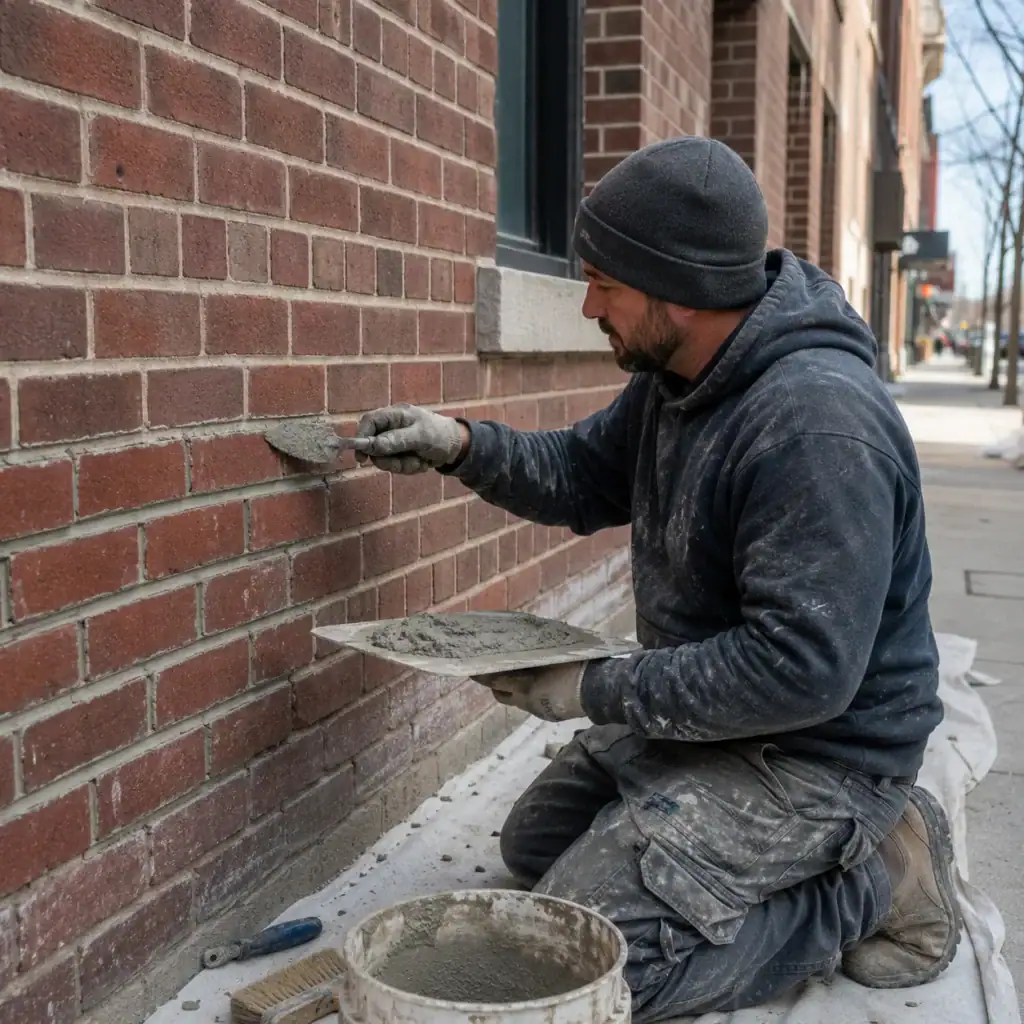 Mason tuckpointing mortar joints on a commercial brick wall