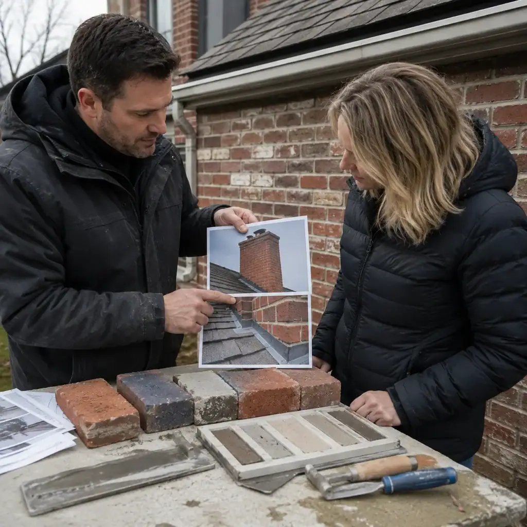 Masonry professionals inspecting roof-to-wall junctions with brick samples.