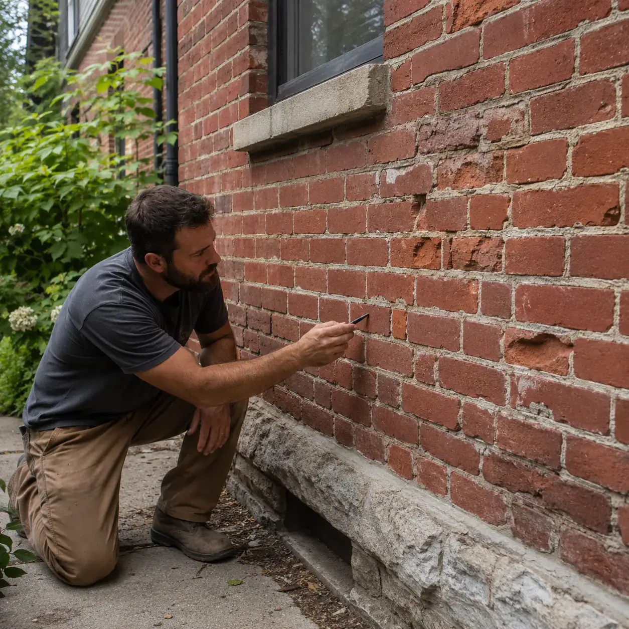 Spalled and cracked bricks that may need selective replacement