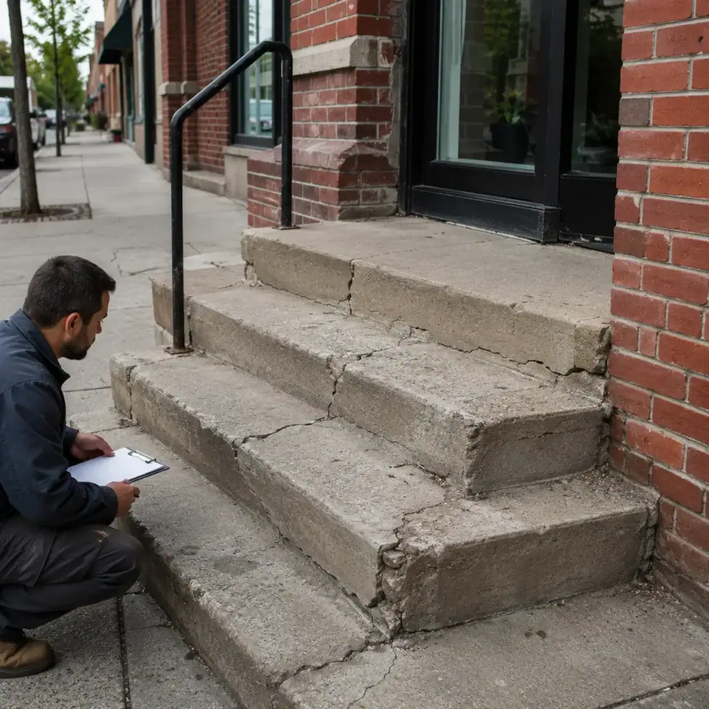 Cracked concrete steps at a Toronto commercial storefront entrance