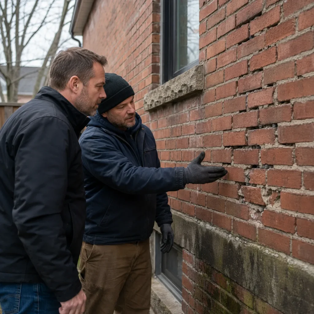 Two workers inspect cracked brick and deteriorated mortar joints on an exterior wall