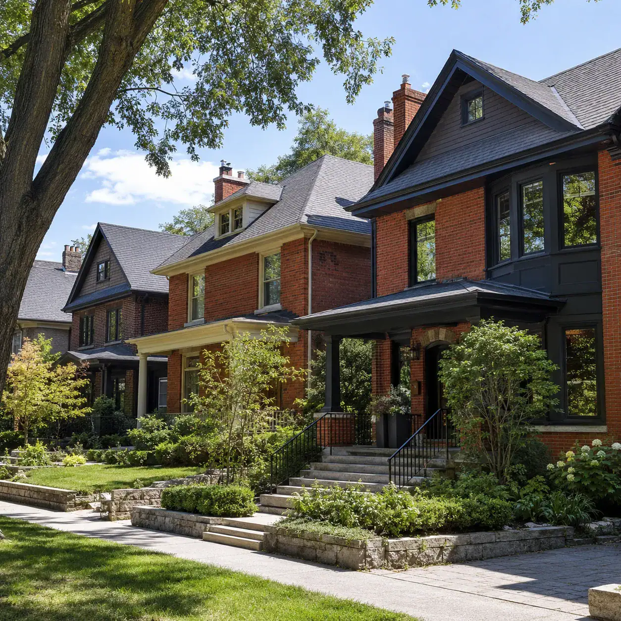 Row of red brick homes with stone garden walls, front steps, mature trees, and landscaped walkways