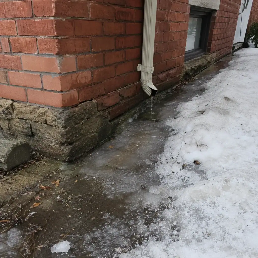 Water entering through damaged brick and mortar during a winter thaw