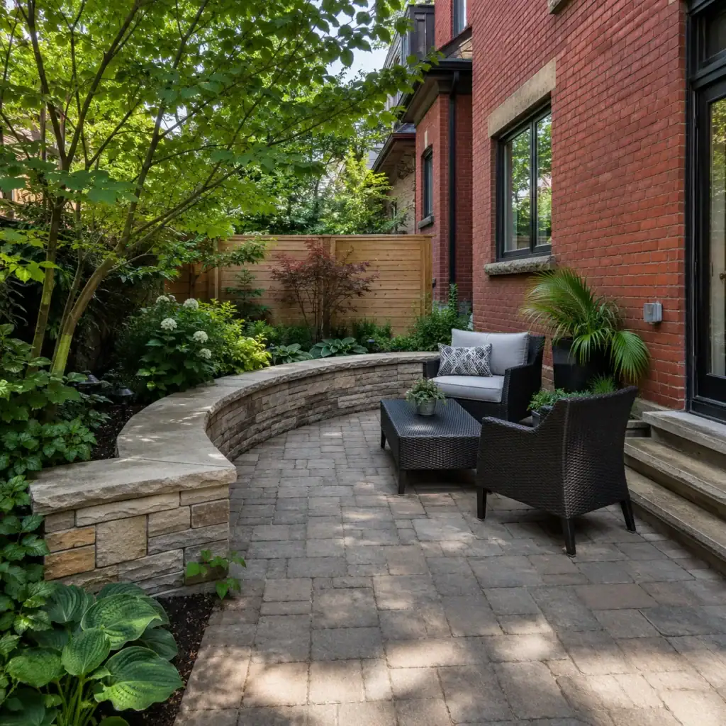 Compact Toronto backyard with interlocking patio and low stone wall