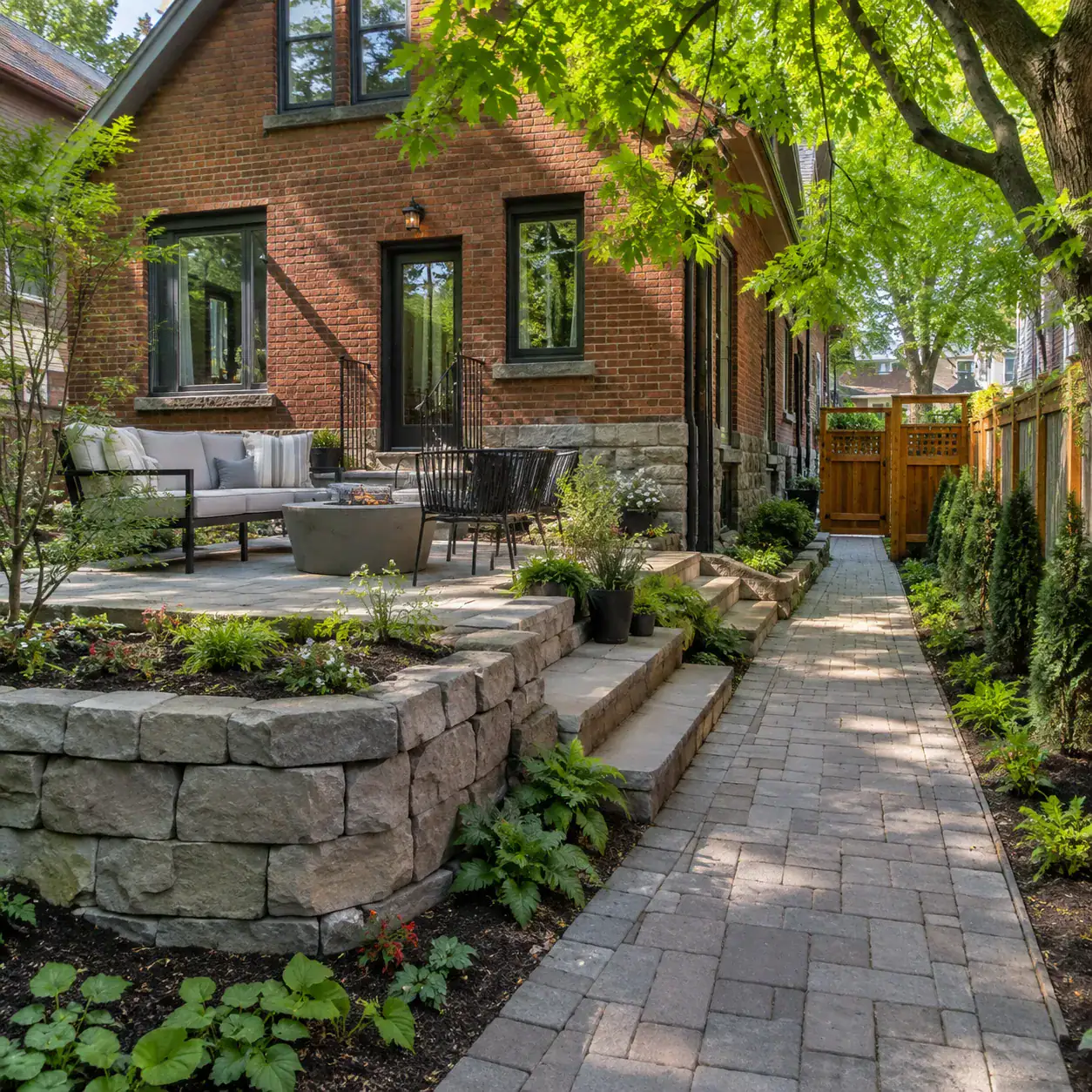 Urban masonry landscape with stone walkway, retaining wall and garden at a Toronto home