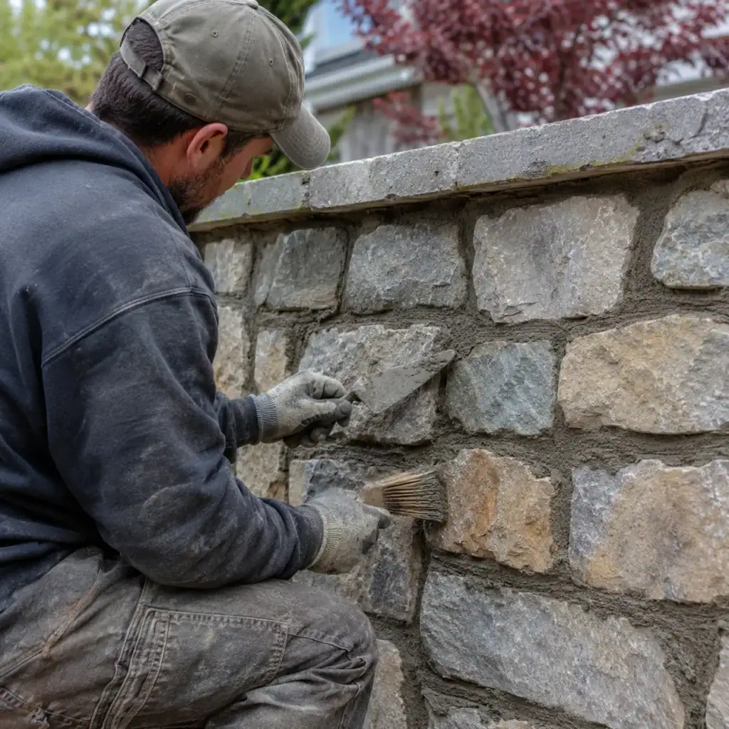 Mason repointing natural stone masonry with compatible mortar