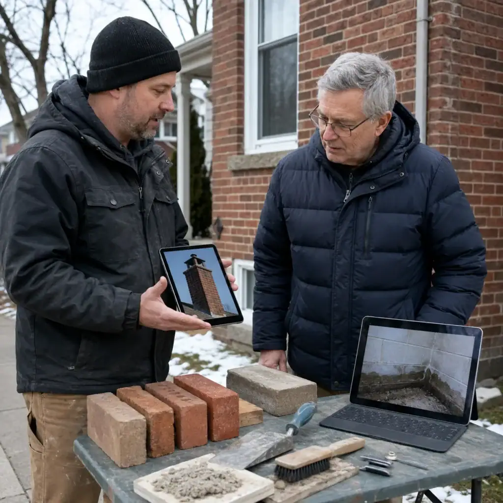 Masonry contractor reviewing energy-related masonry repairs with a Toronto homeowner