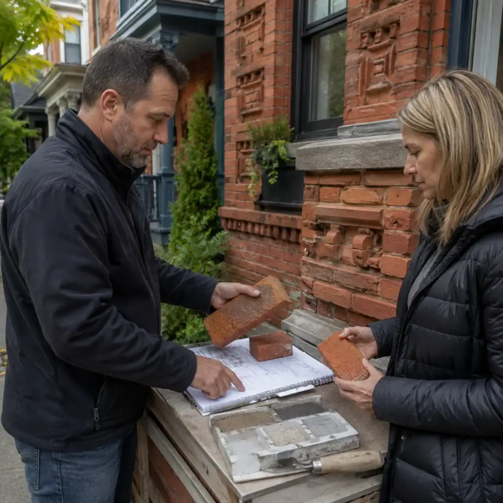 Masonry contractor reviewing heritage brick repair options with a homeowner