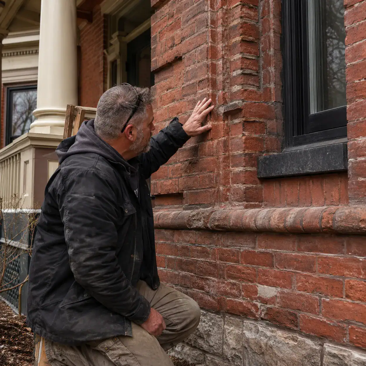 Mason inspecting and repairing brickwork on heritage home exterior.
