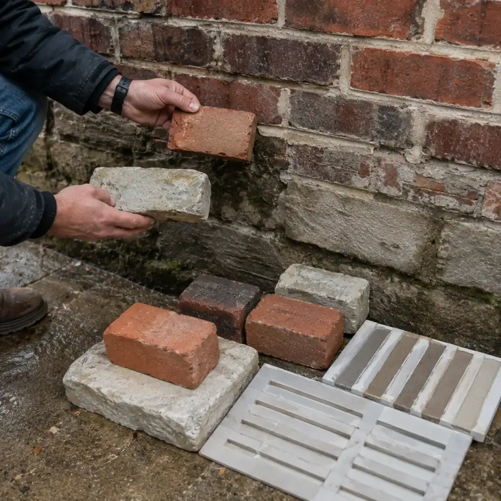 Masonry samples held beside a weathered brick wall, with assorted bricks, stone pieces, and finish swatches below