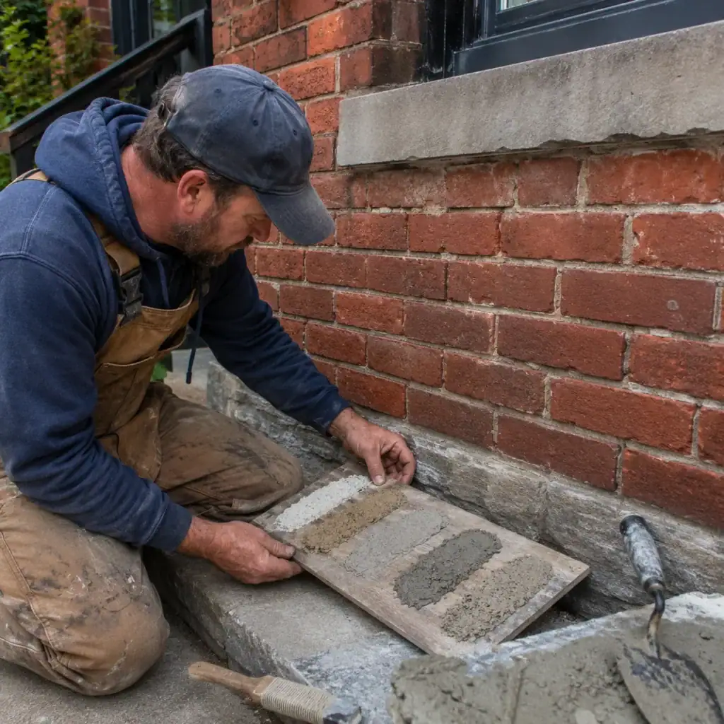 Mason comparing mortar samples for an older Toronto brick wall