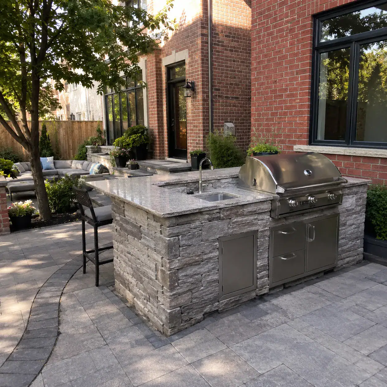 Outdoor masonry kitchen and grill in a Toronto backyard