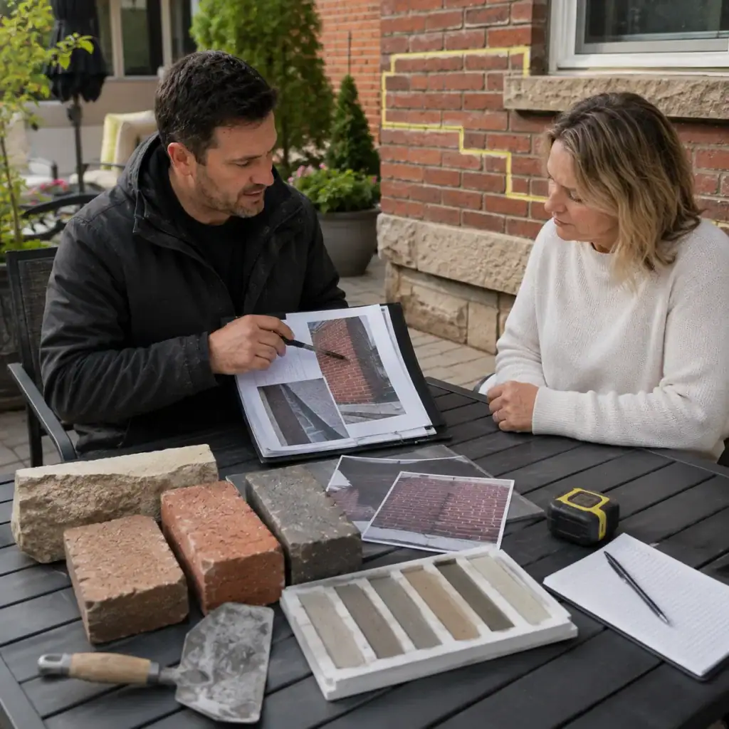 Masonry consultation with brick, stone, and mortar samples arranged beside project photos