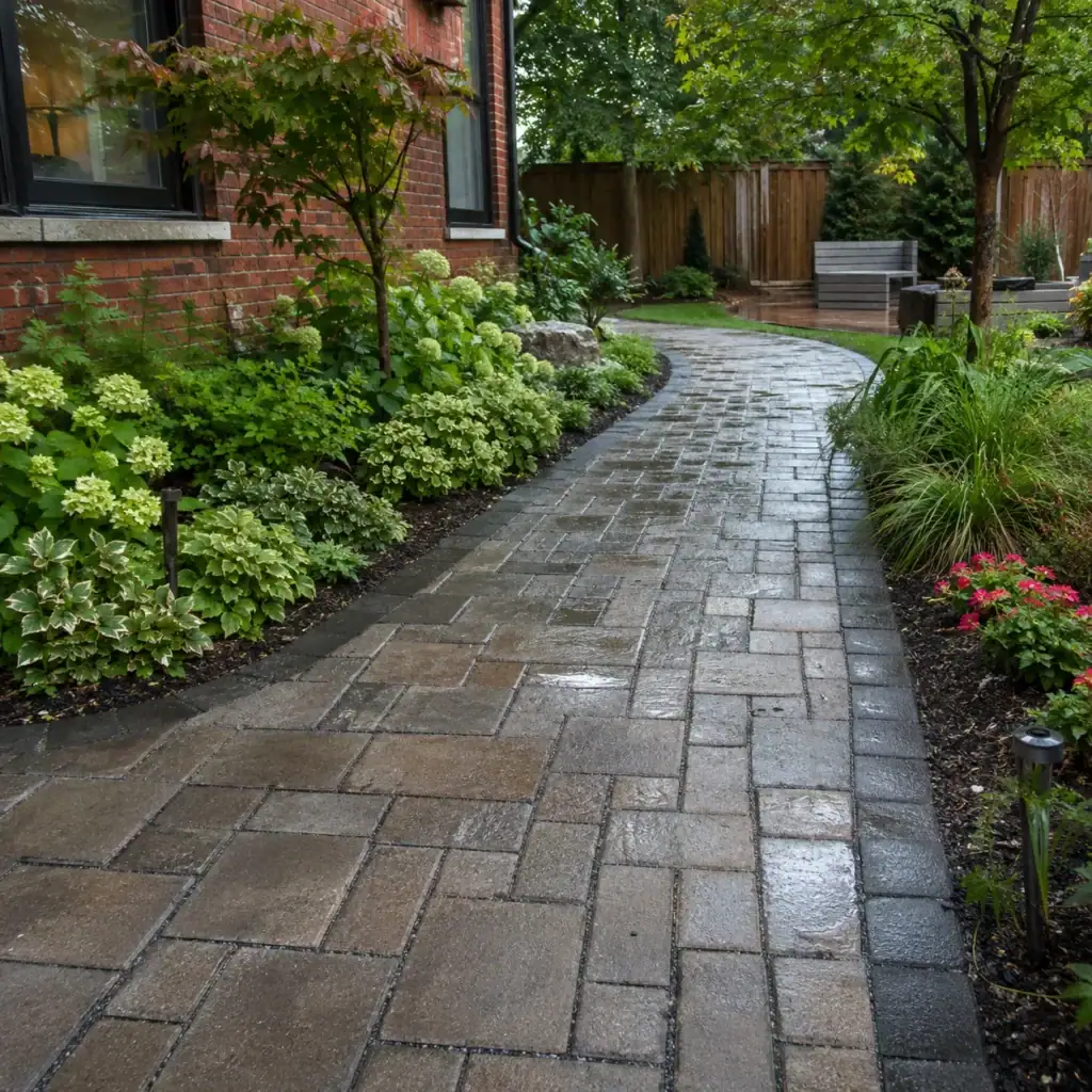 Permeable interlocking paver walkway managing rainwater in a Toronto backyard