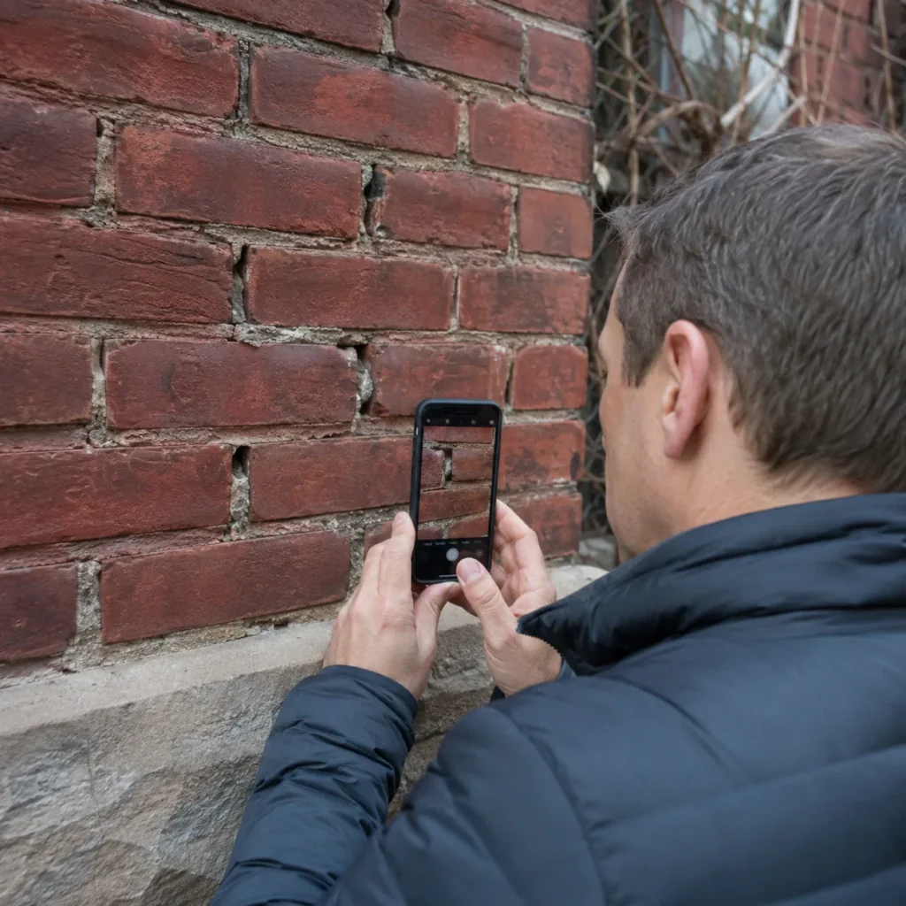 Person photographing weathered red brick with recessed and deteriorated mortar joints