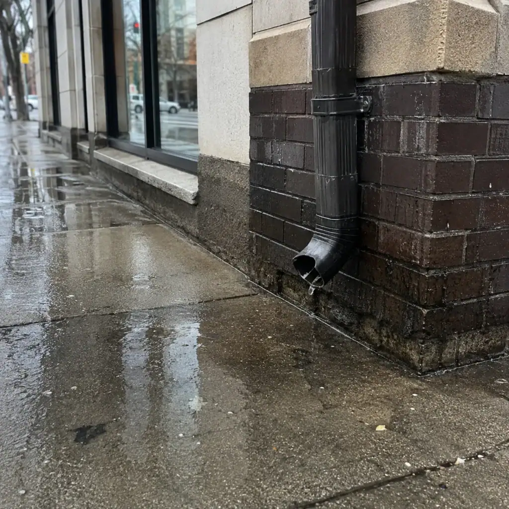 Water pooling near the base of a commercial masonry building