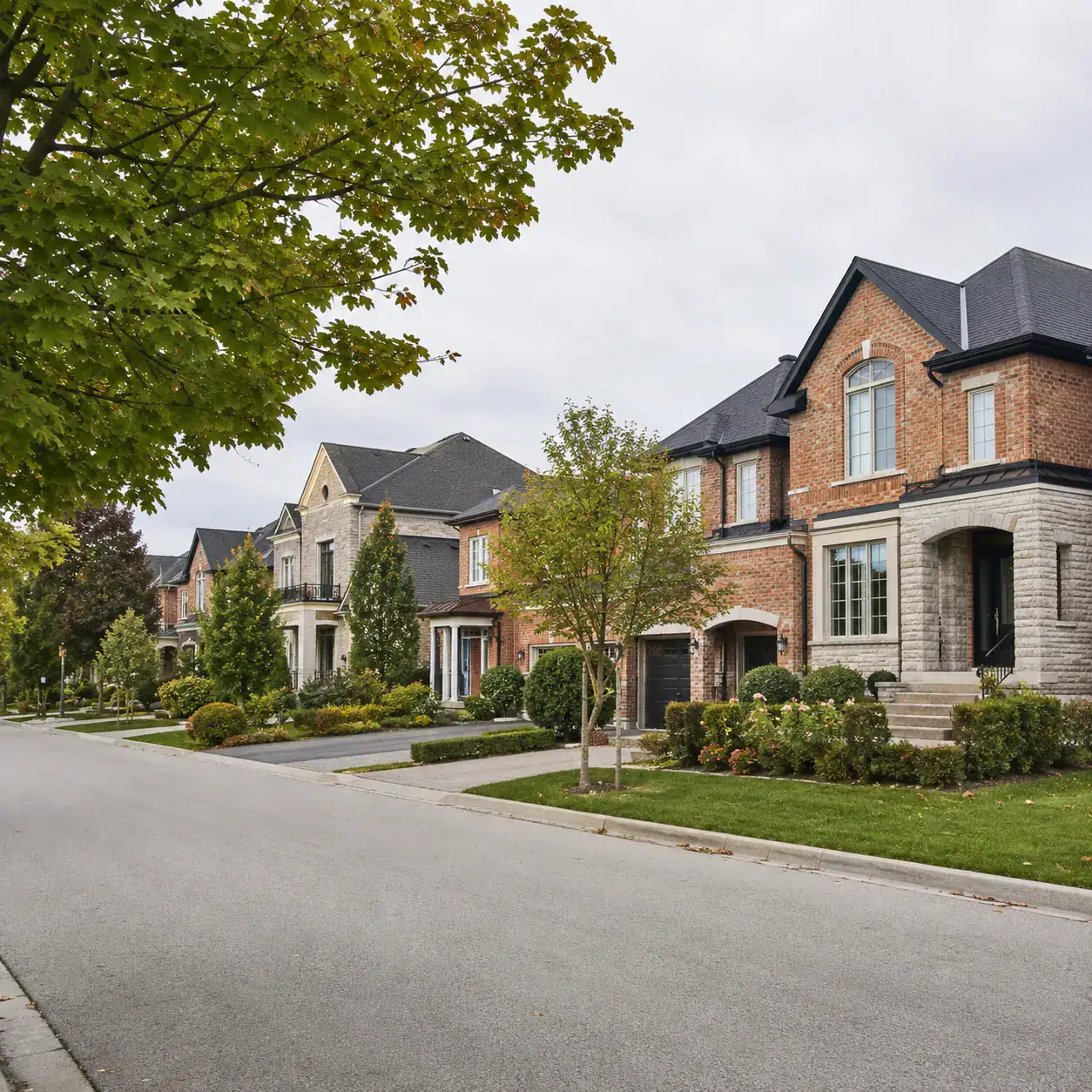 Brick and stone homes lining a landscaped suburban residential street
