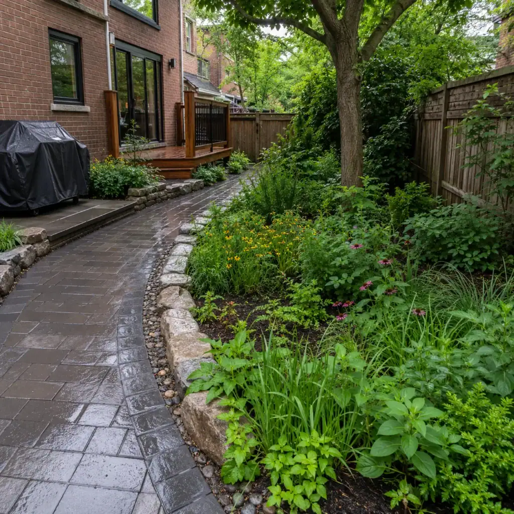 Masonry walkway integrated with rain garden and planted areas in Toronto