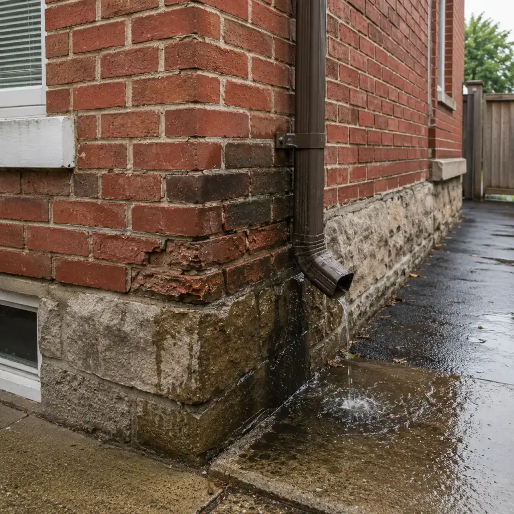 Damp brickwork near a downspout showing a moisture source before winter