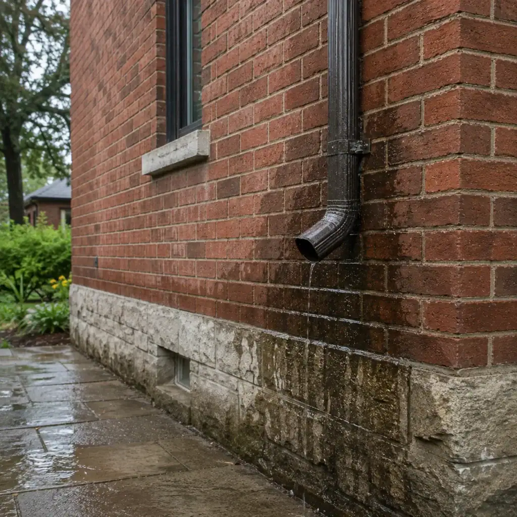 Damp mortar joints near a downspout after rain on a Toronto home