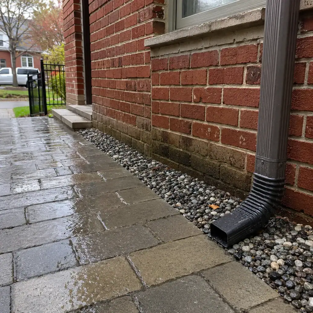 Rain-wet paver walkway beside a red brick wall with a downspout draining onto river rock