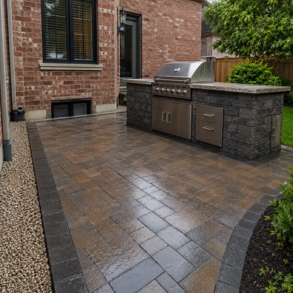 Drainage planning around an outdoor masonry kitchen and paver patio