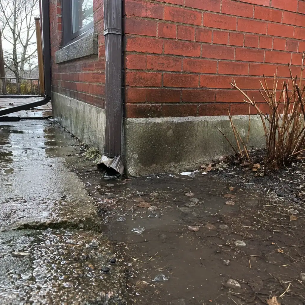 Damp lower brickwork and foundation area after rain
