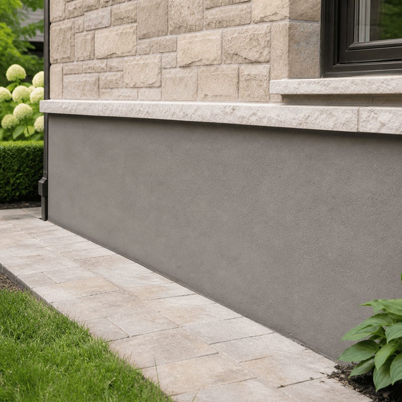 Modern masonry wall with concrete foundation and stone cladding.