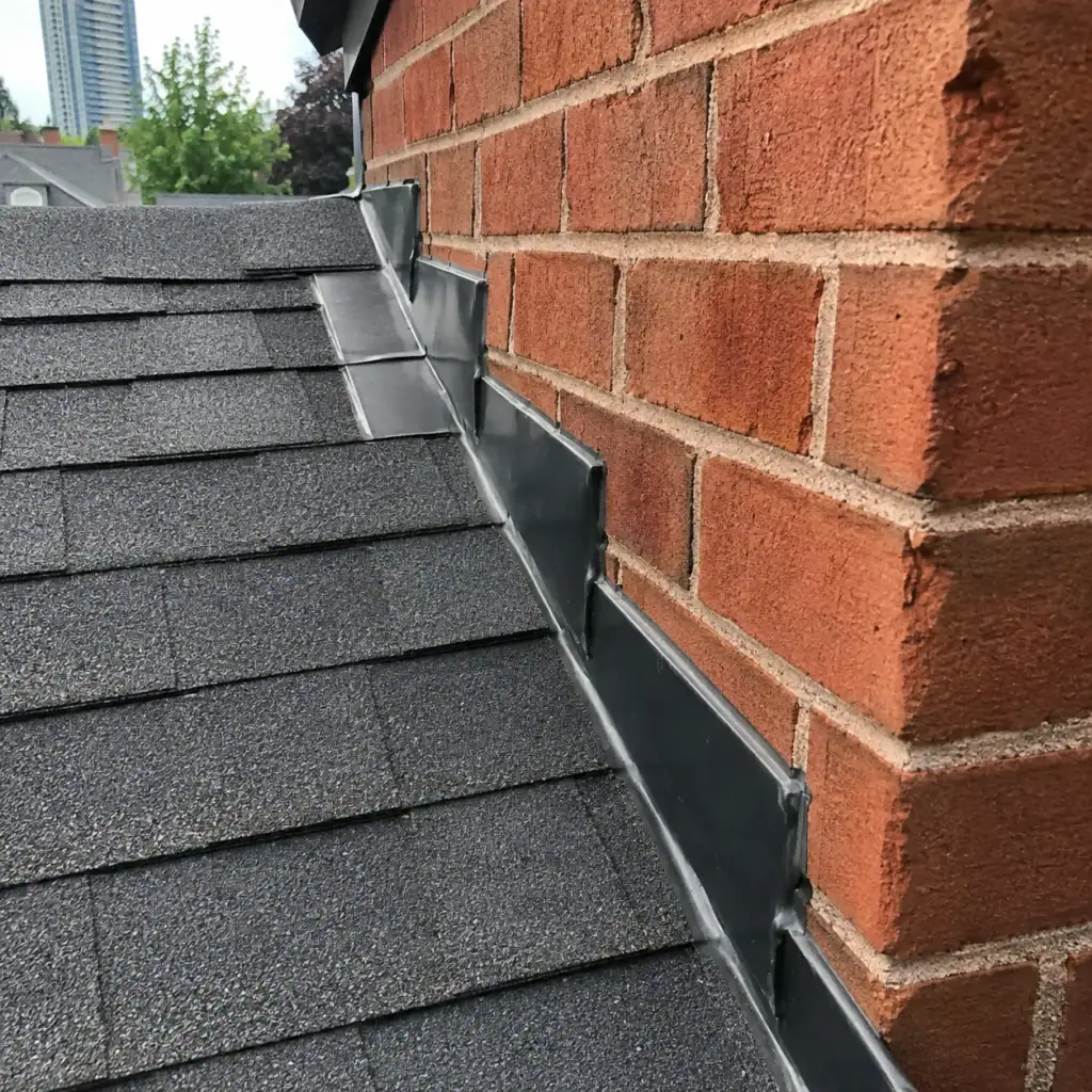 Sloped roof meeting a brick wall at a roof-to-wall masonry junction