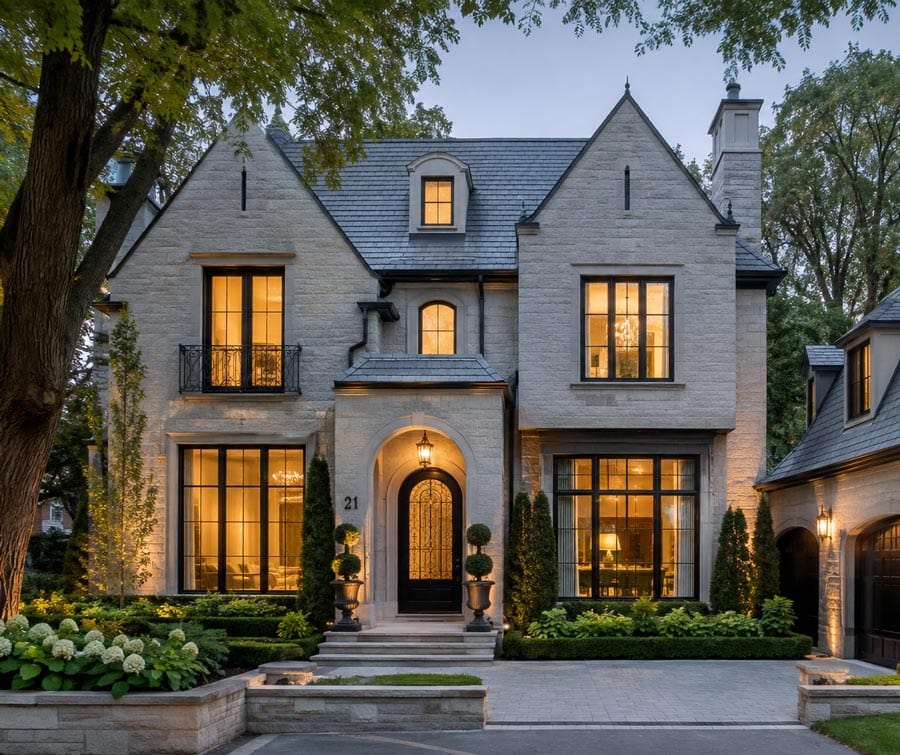 Light stone Rosedale home with slate roof, arched entrance, landscaped planters and paved forecourt