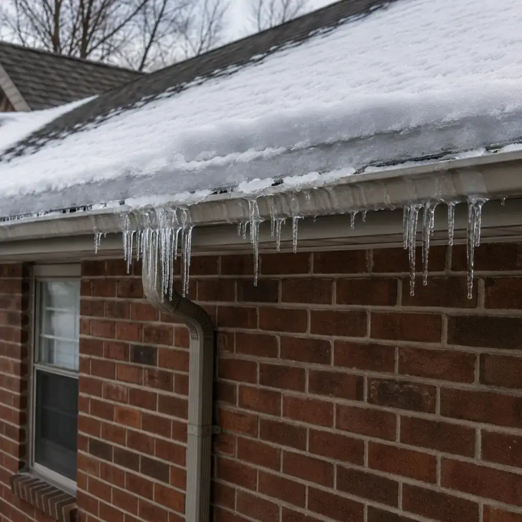 Ice buildup near the roof edge of a Toronto brick home