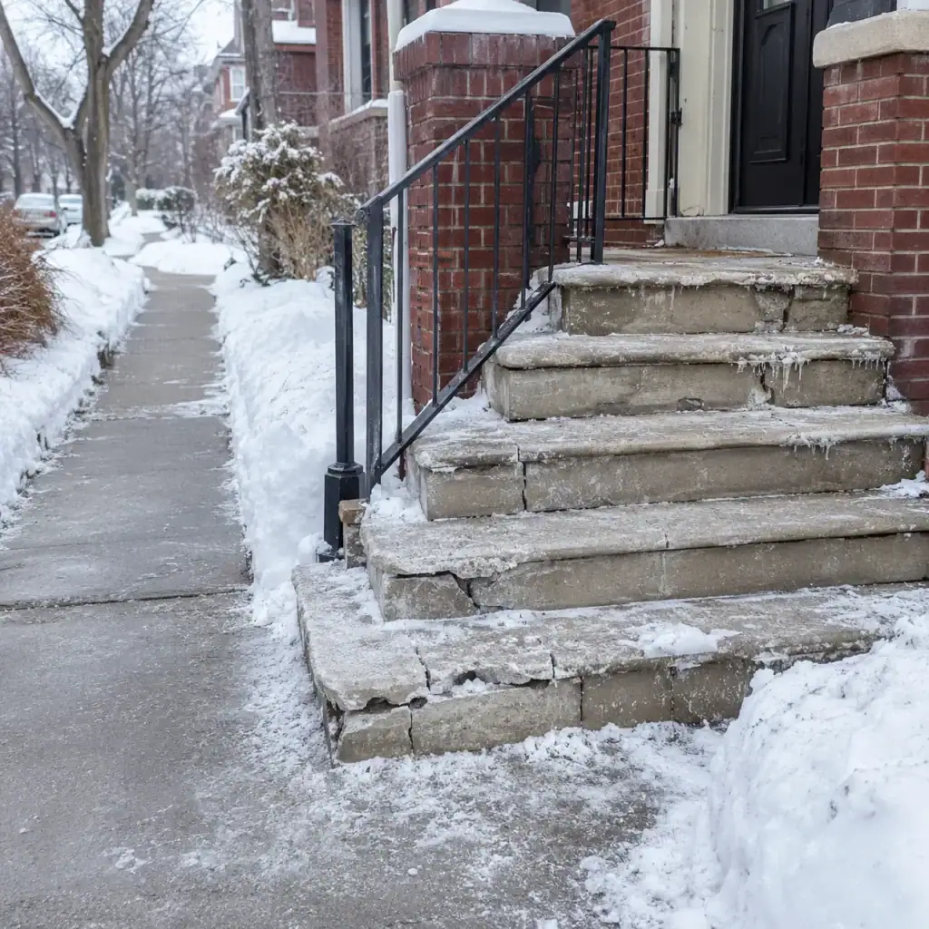 Cracked and icy concrete steps creating a winter access concern
