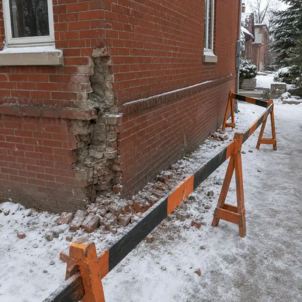 Severely damaged brick corner with missing masonry, fallen bricks, snow, and safety barricades
