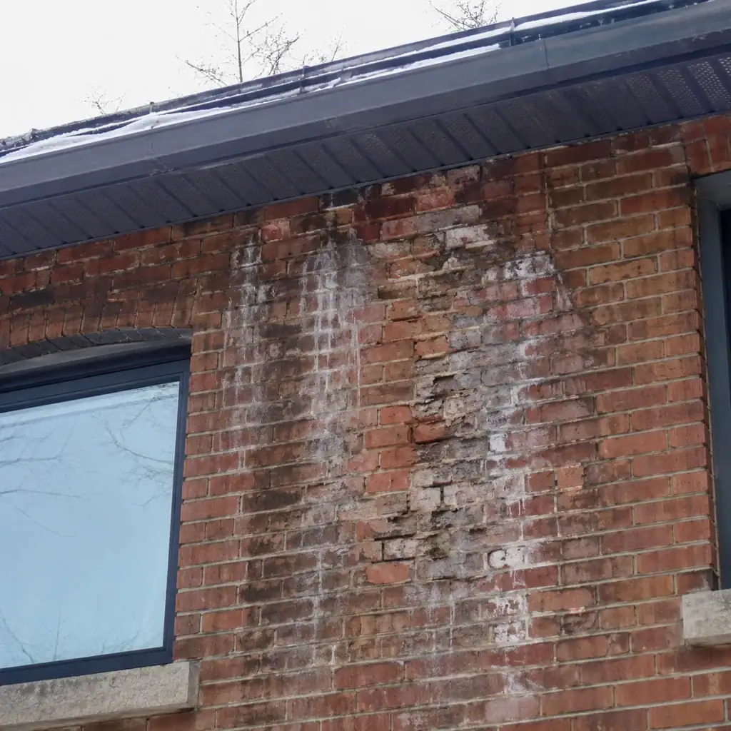 Spalling brick and water staining near upper masonry after ice buildup