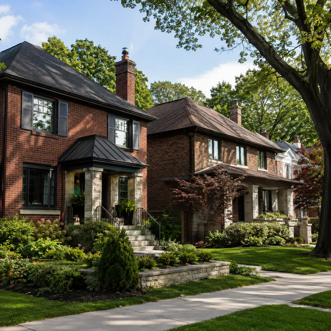 Two brick homes with stone porch columns, chimneys, landscaped gardens, and a tree-lined sidewalk
