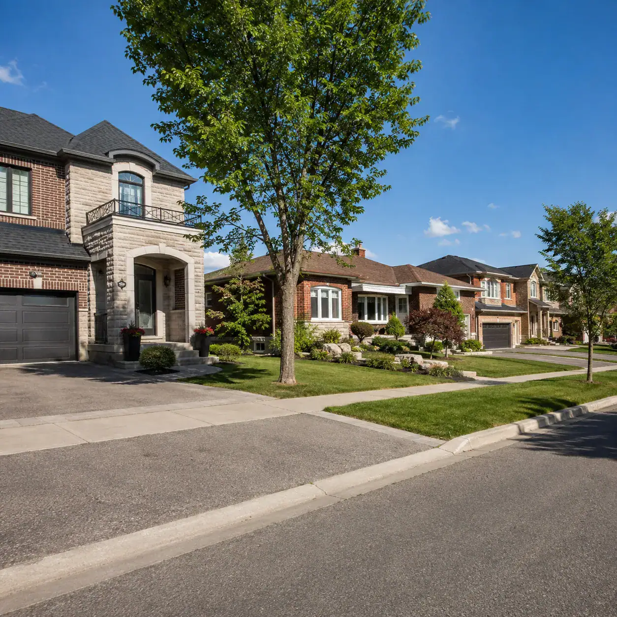 Beautiful suburban homes with well-maintained lawns in Mississauga.