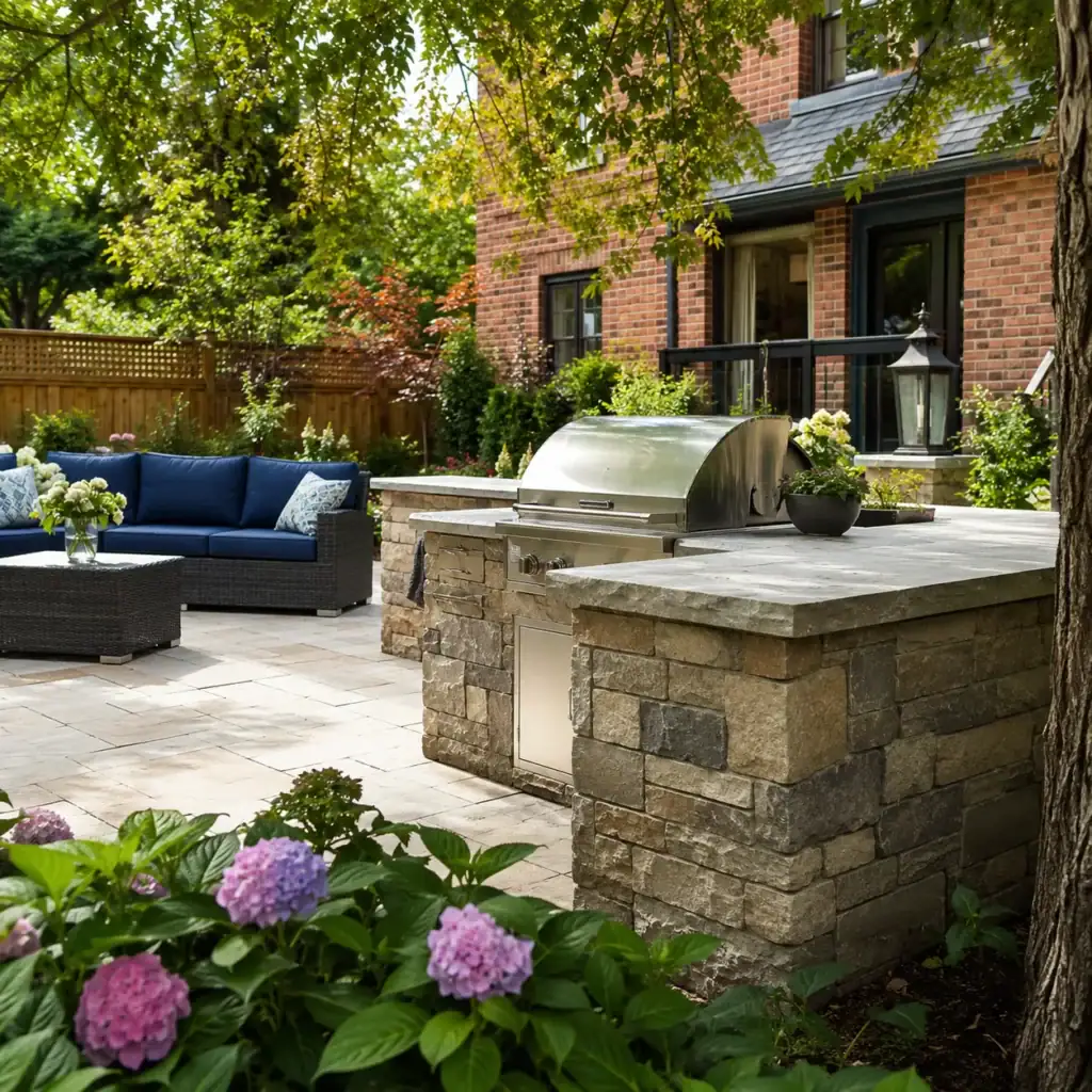 Natural stone outdoor kitchen in a Toronto backyard garden