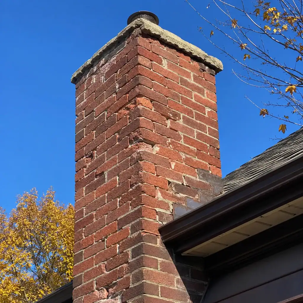 Weathered chimney mortar joints being checked before winter