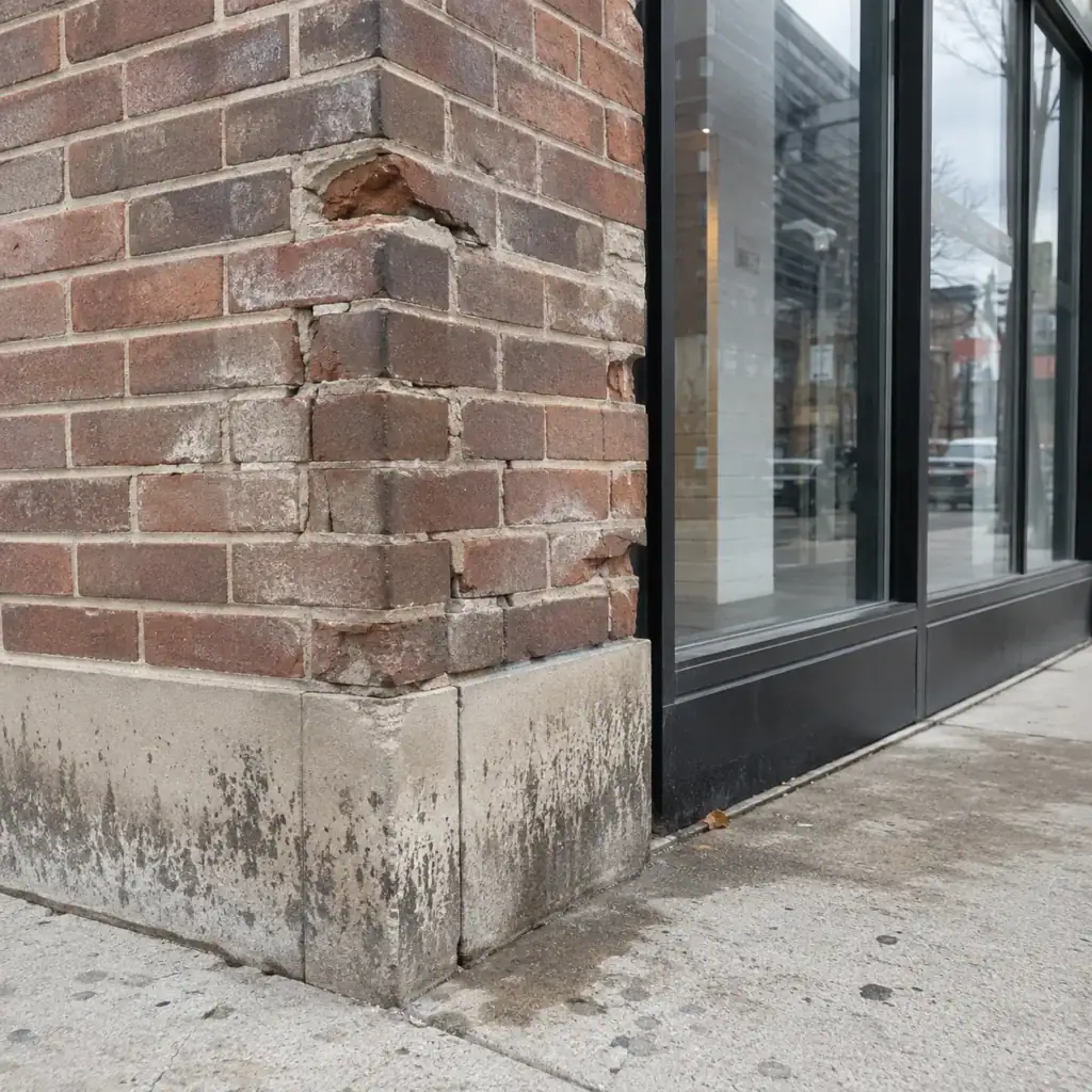 Damaged brick and mortar on a Toronto commercial building
