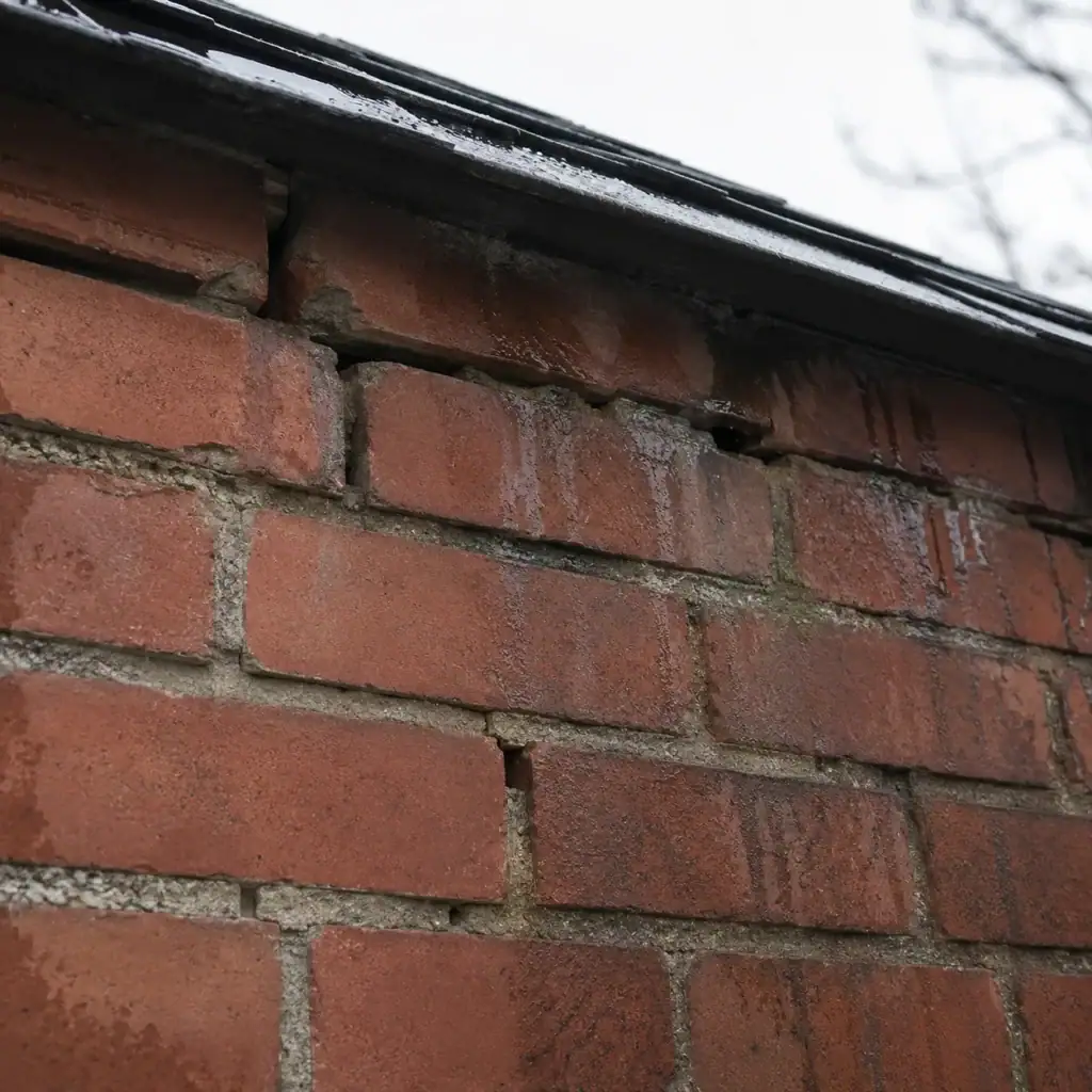 Open mortar joints near the roofline of a Toronto brick home