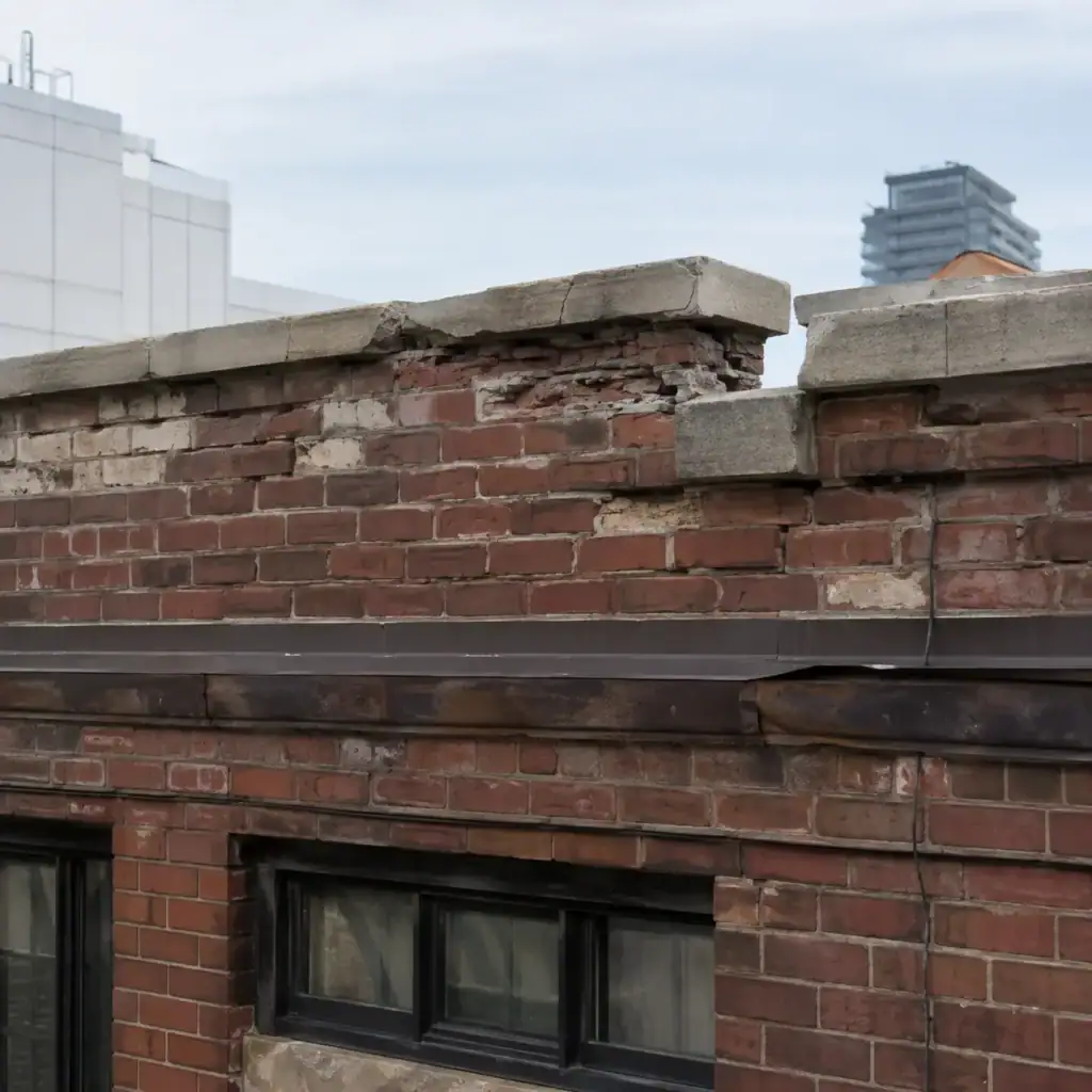 Deteriorated parapet masonry on an older Toronto commercial building