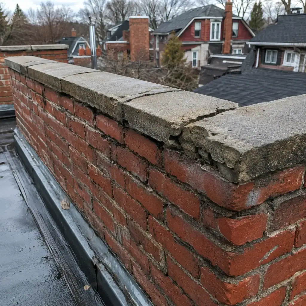 Parapet wall with cracked coping stones and open mortar joints