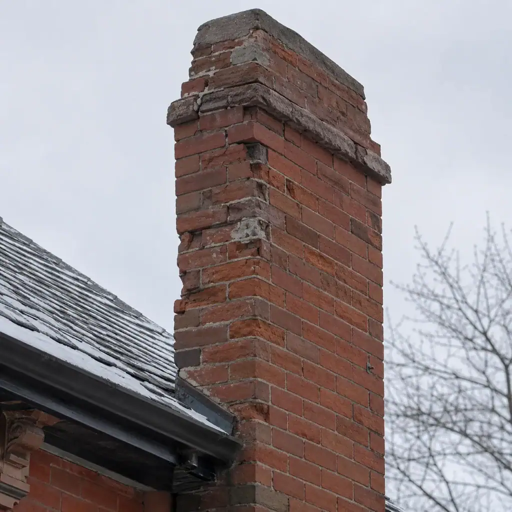 Weathered brick chimney on a Toronto heritage home needing repair