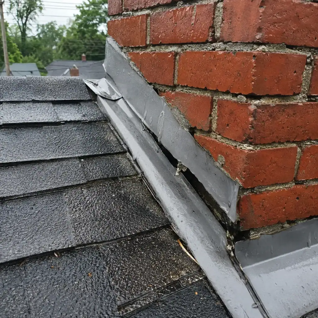 Failed flashing where a roof meets a brick chimney