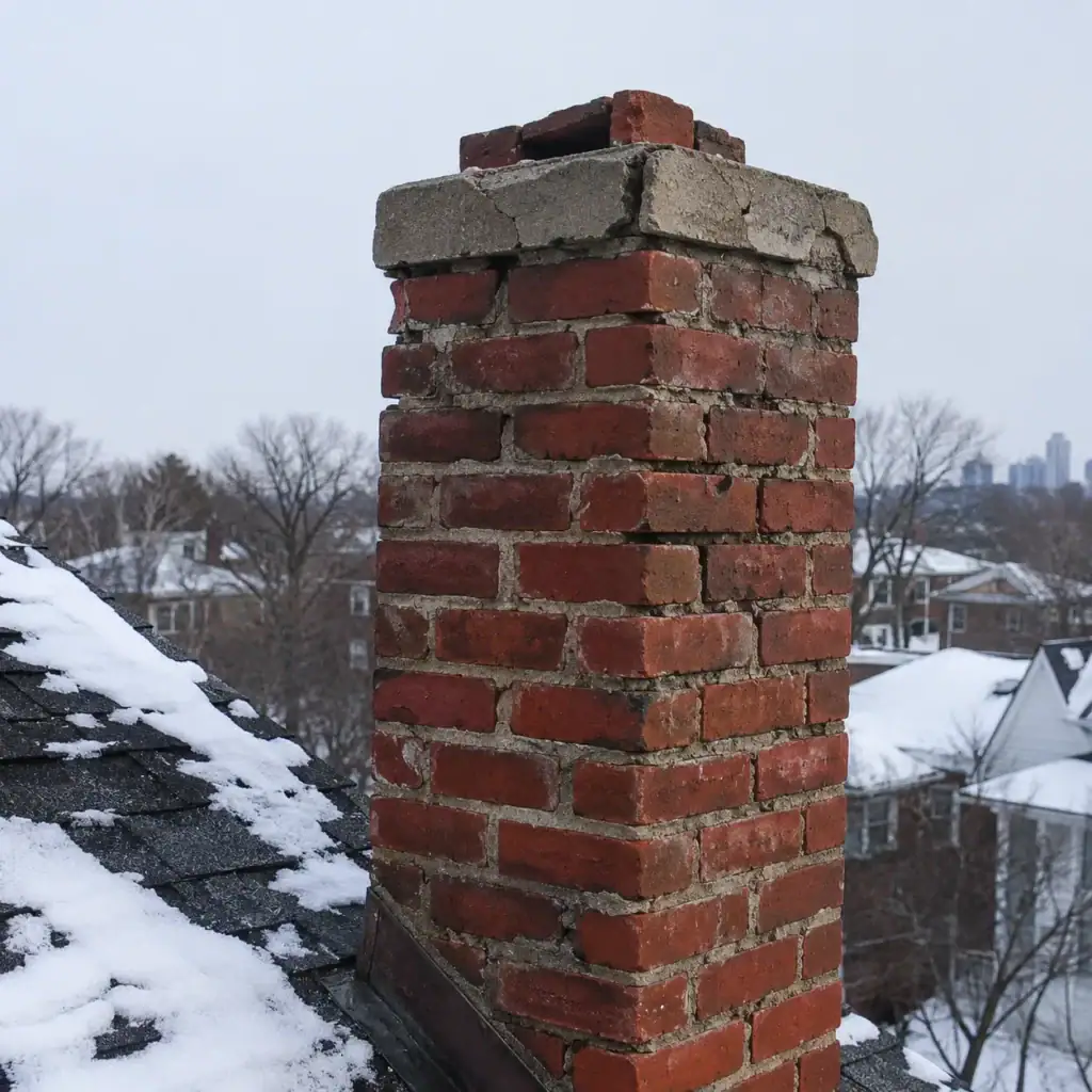 Weathered brick chimney with masonry damage that can affect comfort