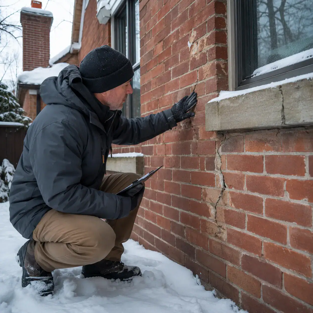 Masonry contractor inspecting winter masonry damage on a Toronto brick home