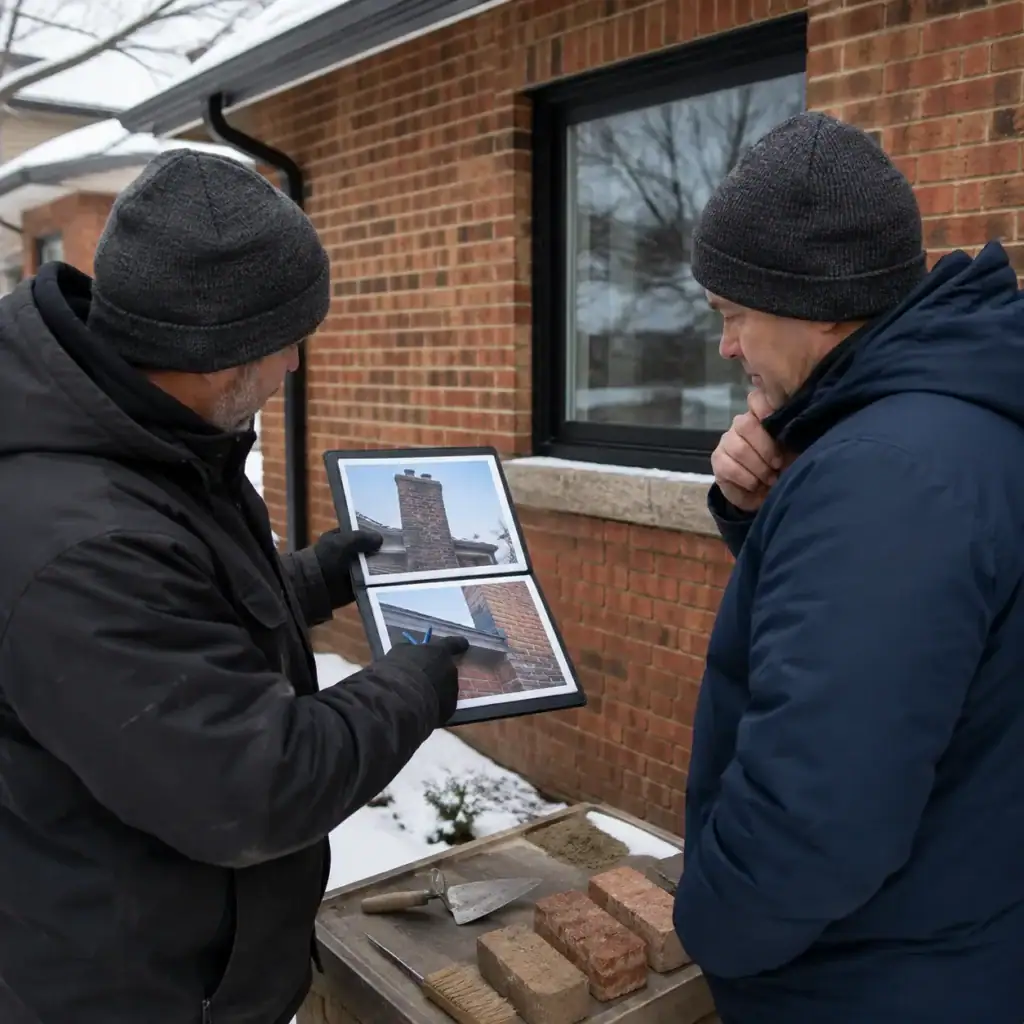 Masonry contractor reviewing ice dam-related chimney and roofline repairs with a homeowner