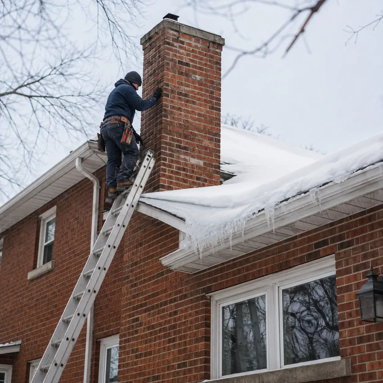 Masonry contractor inspecting a Toronto brick home for ice dam related chimney damage